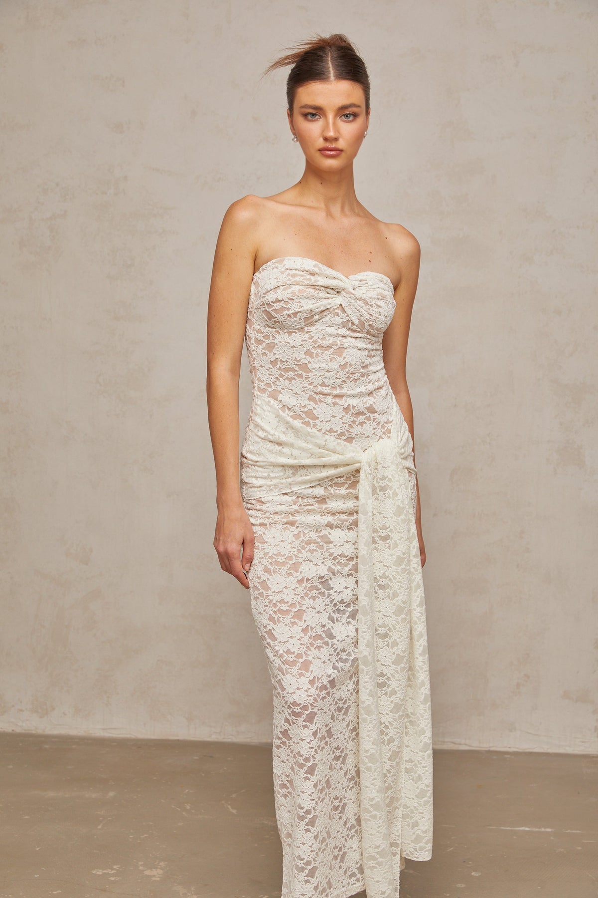 Wilhelmine white lace draped midi dress