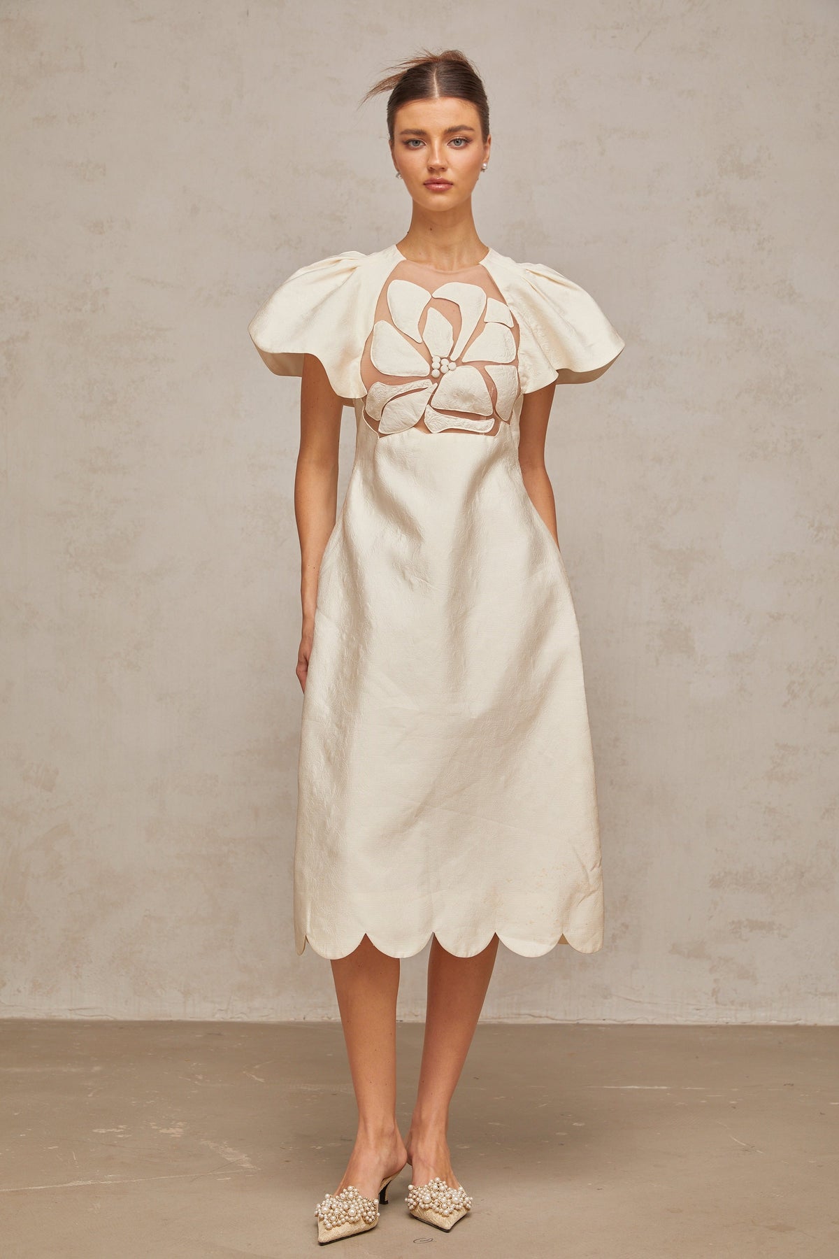 Ségolène white flower jacquard midi dress