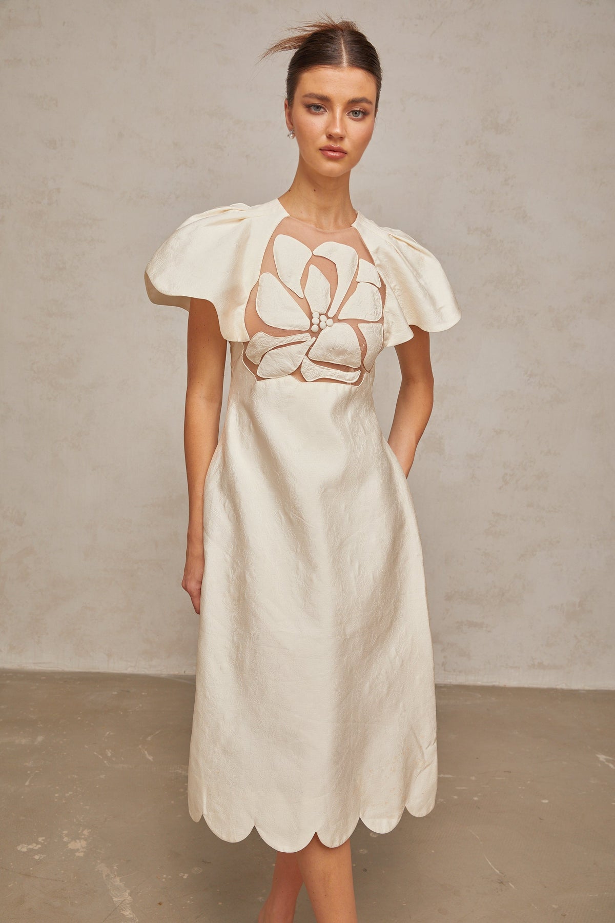 Ségolène white flower jacquard midi dress