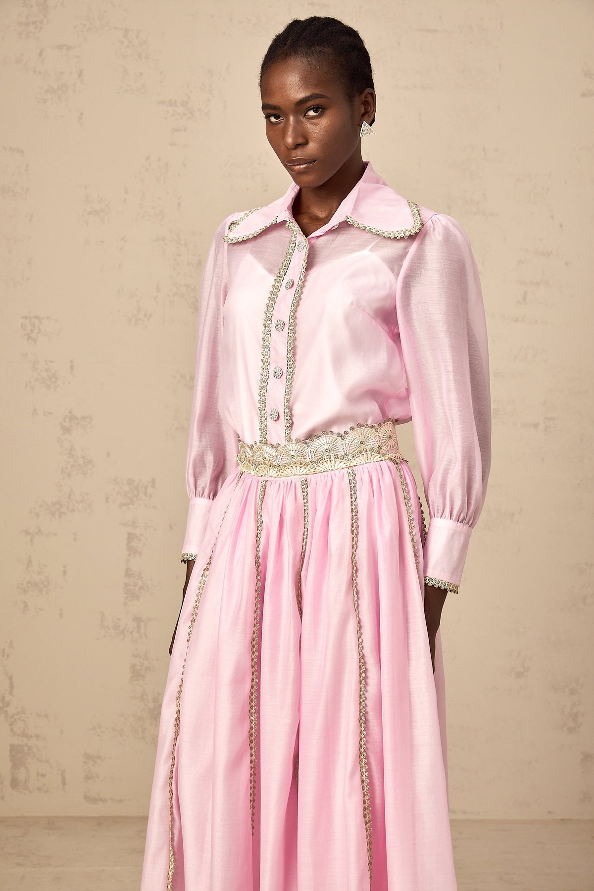 Frida pink lace-trim shirt & skirt matching set
