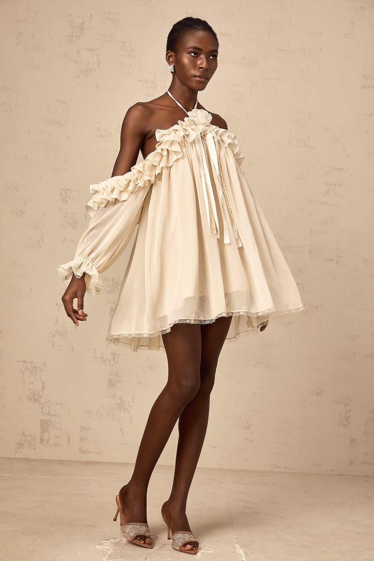 Cosette neutrals floral-appliqué ruffled mini dress