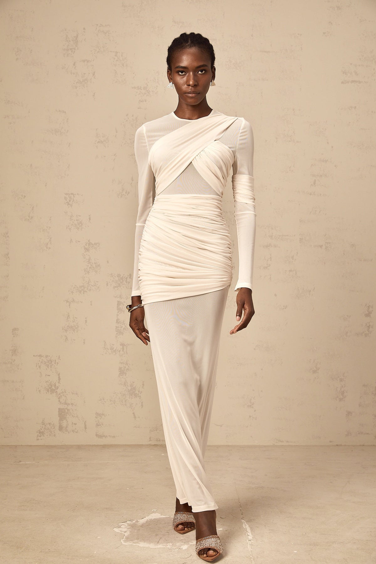 Véronique white ruched tulle maxi dress