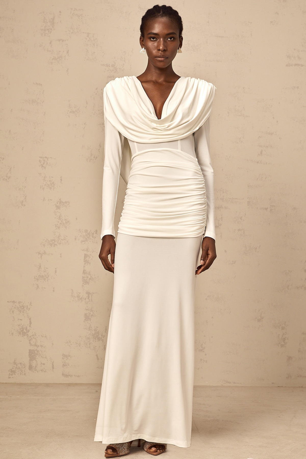 Wanda white ruched fitted maxi dress