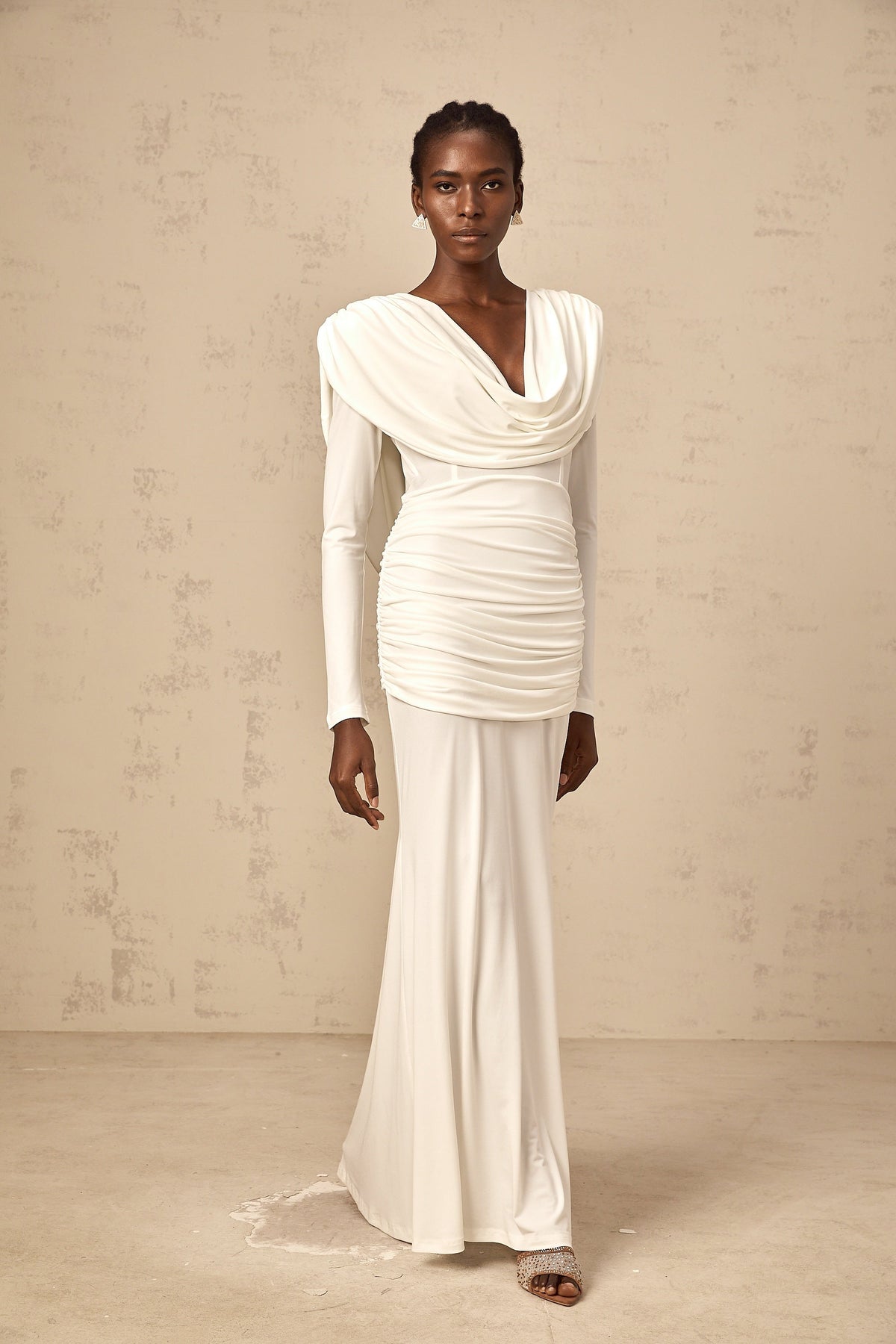 Wanda white ruched fitted maxi dress