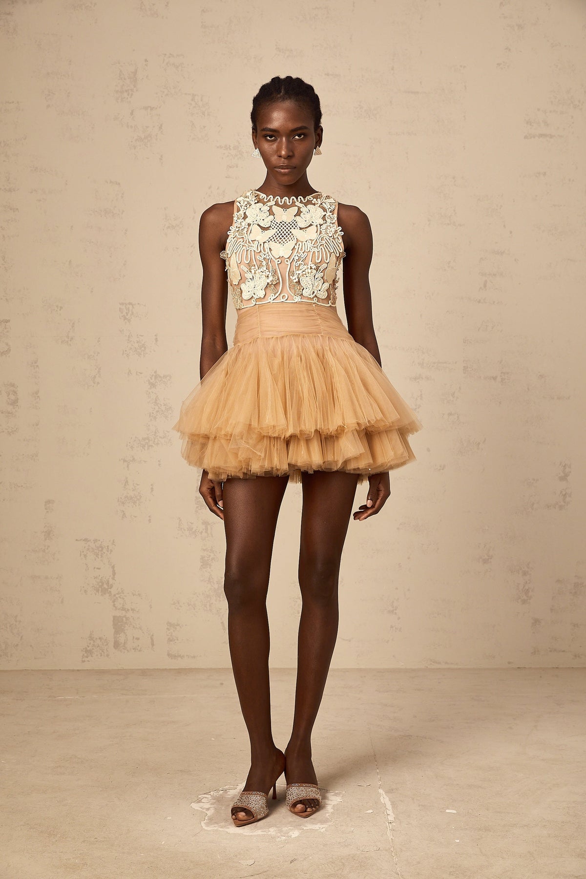 Candice khaki embellished corded-lace-panel tulle mini dress