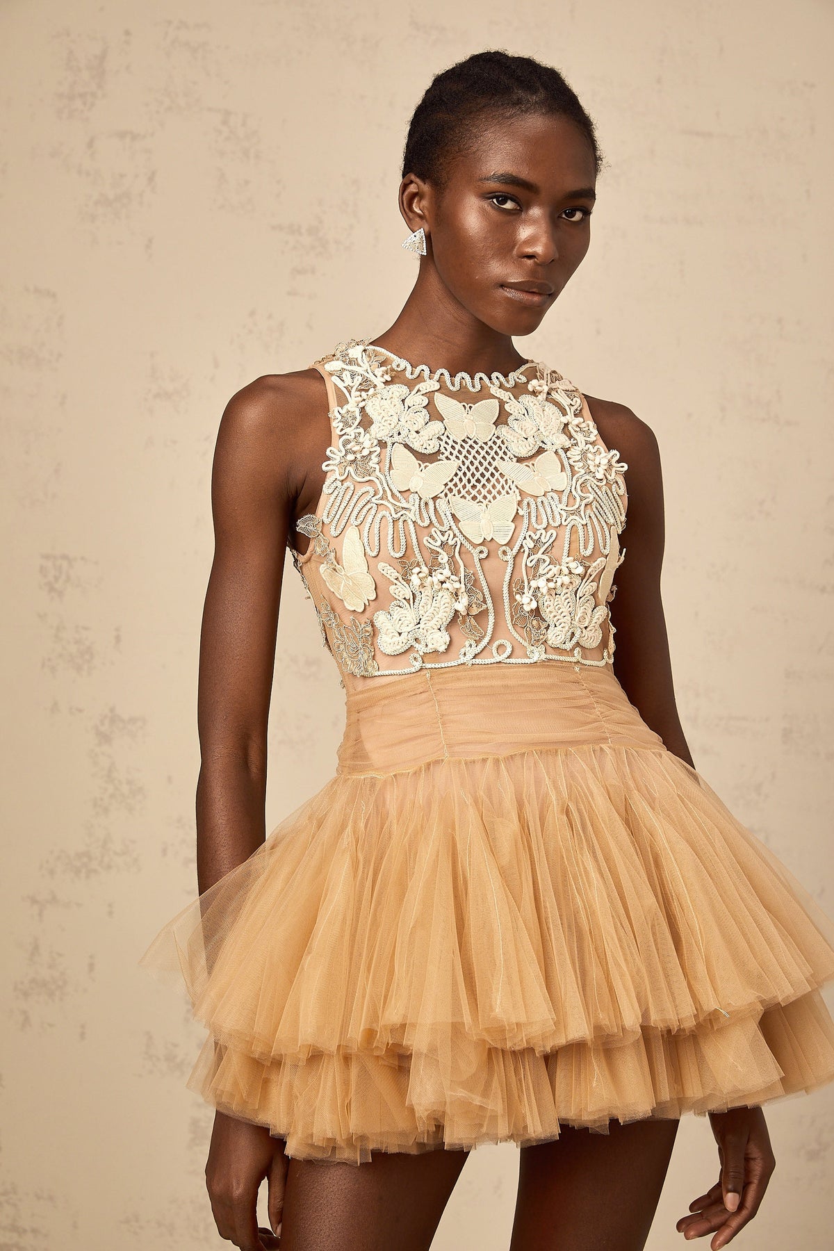 Candice khaki embellished corded-lace-panel tulle mini dress