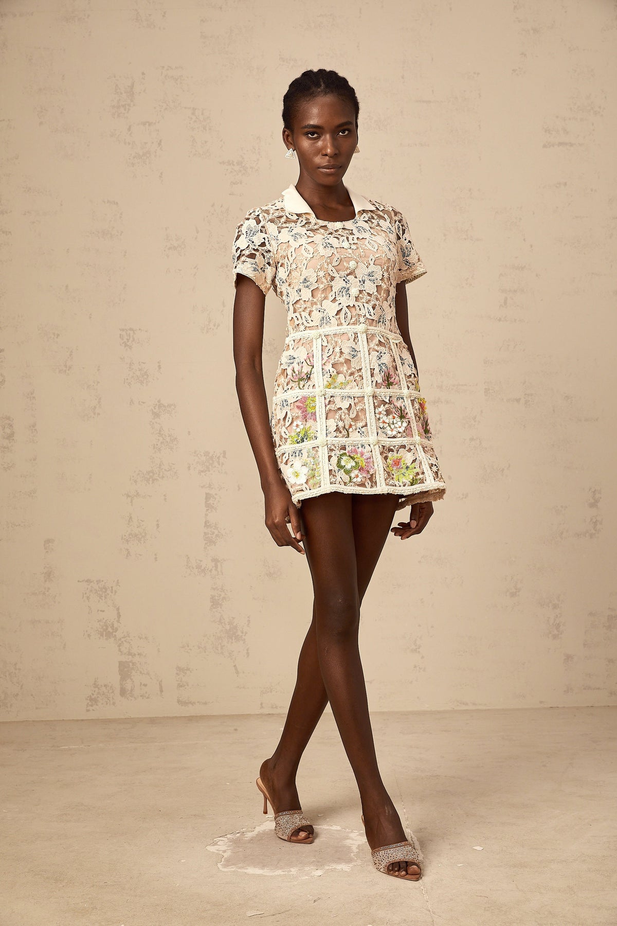 Françoise flower-embroidered mini dress in Neutrals