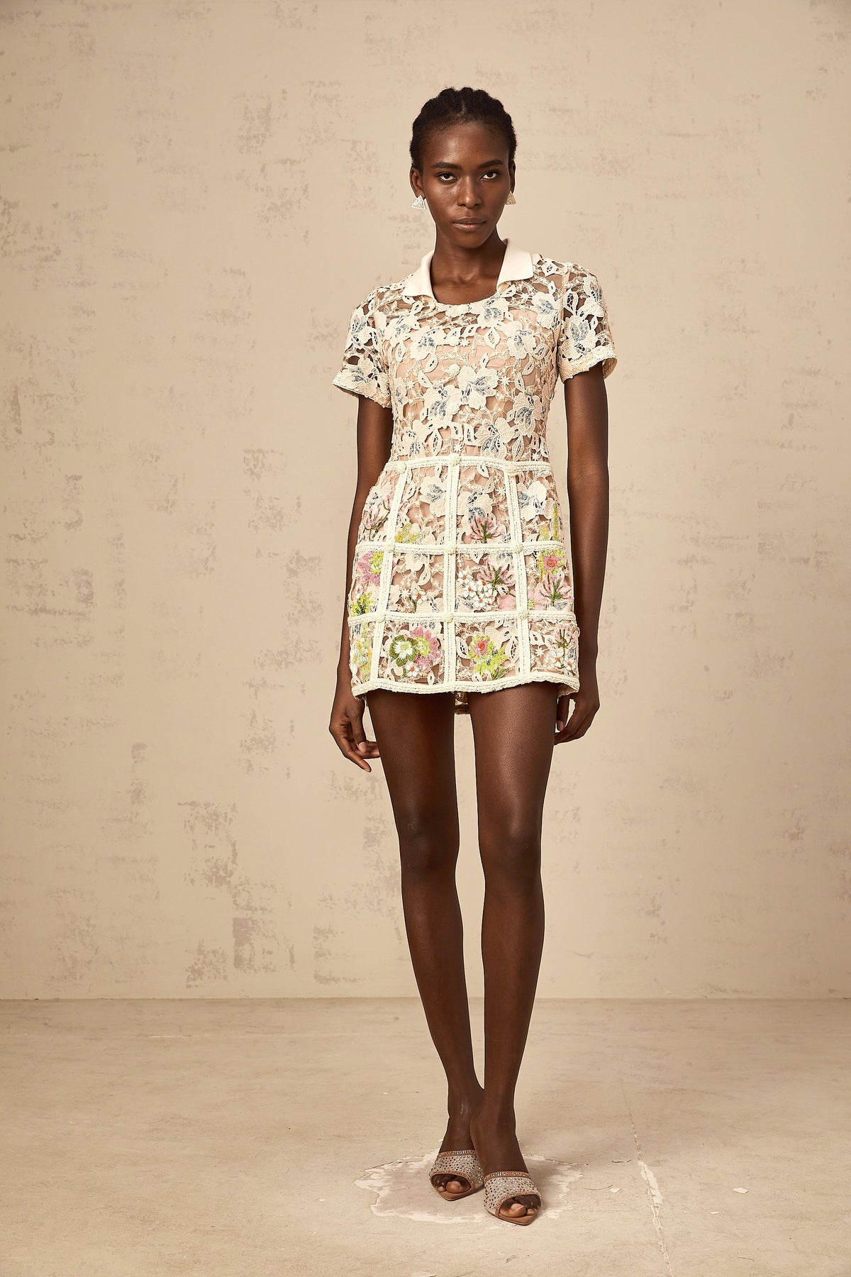 Françoise flower-embroidered mini dress in Neutrals