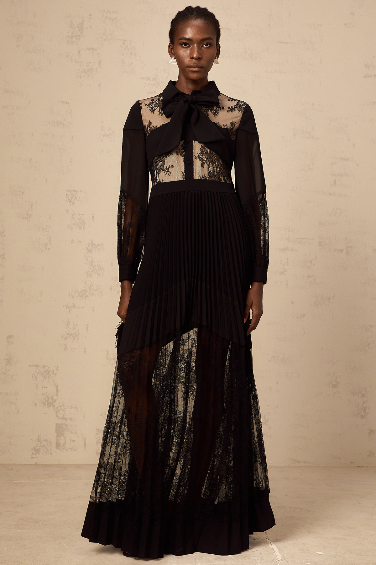 Ségolène black floral-lace-panel pleated maxi dress (Final Sale-US Only)