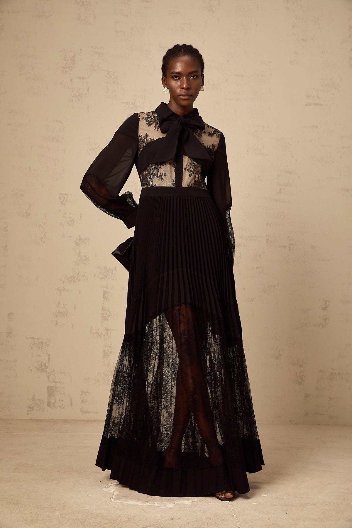 Ségolène black floral-lace-panel pleated maxi dress (Final Sale-US Only)