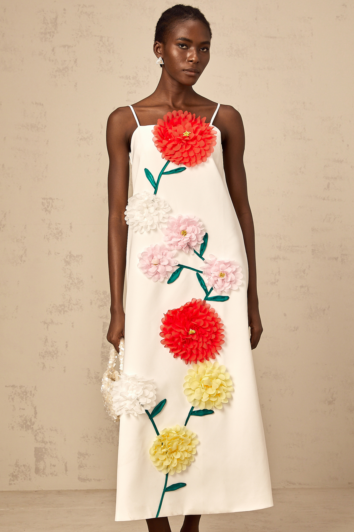 Véronique white 3d-petal sleeveless midi dress