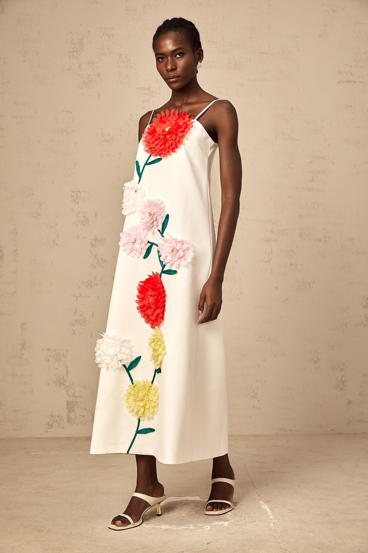 Véronique white 3d-petal sleeveless midi dress (Final Sale-US Only)