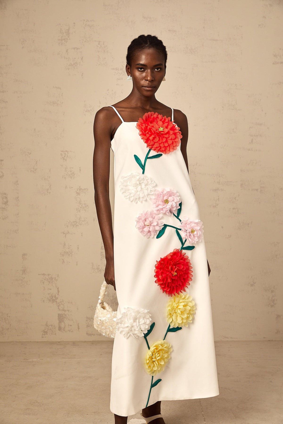 Véronique white 3d-petal sleeveless midi dress