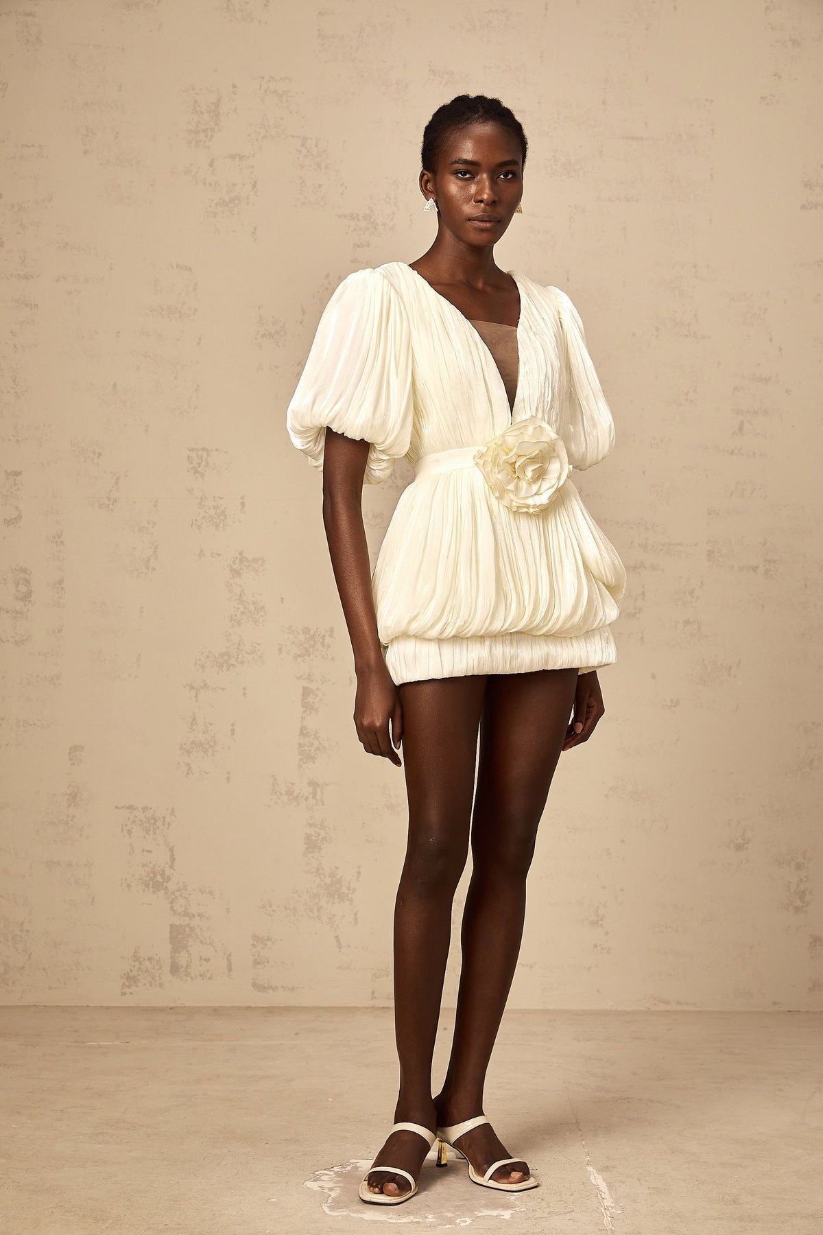 Nadège neutrals pleated floral-appliqué mini dress (Final Sale)