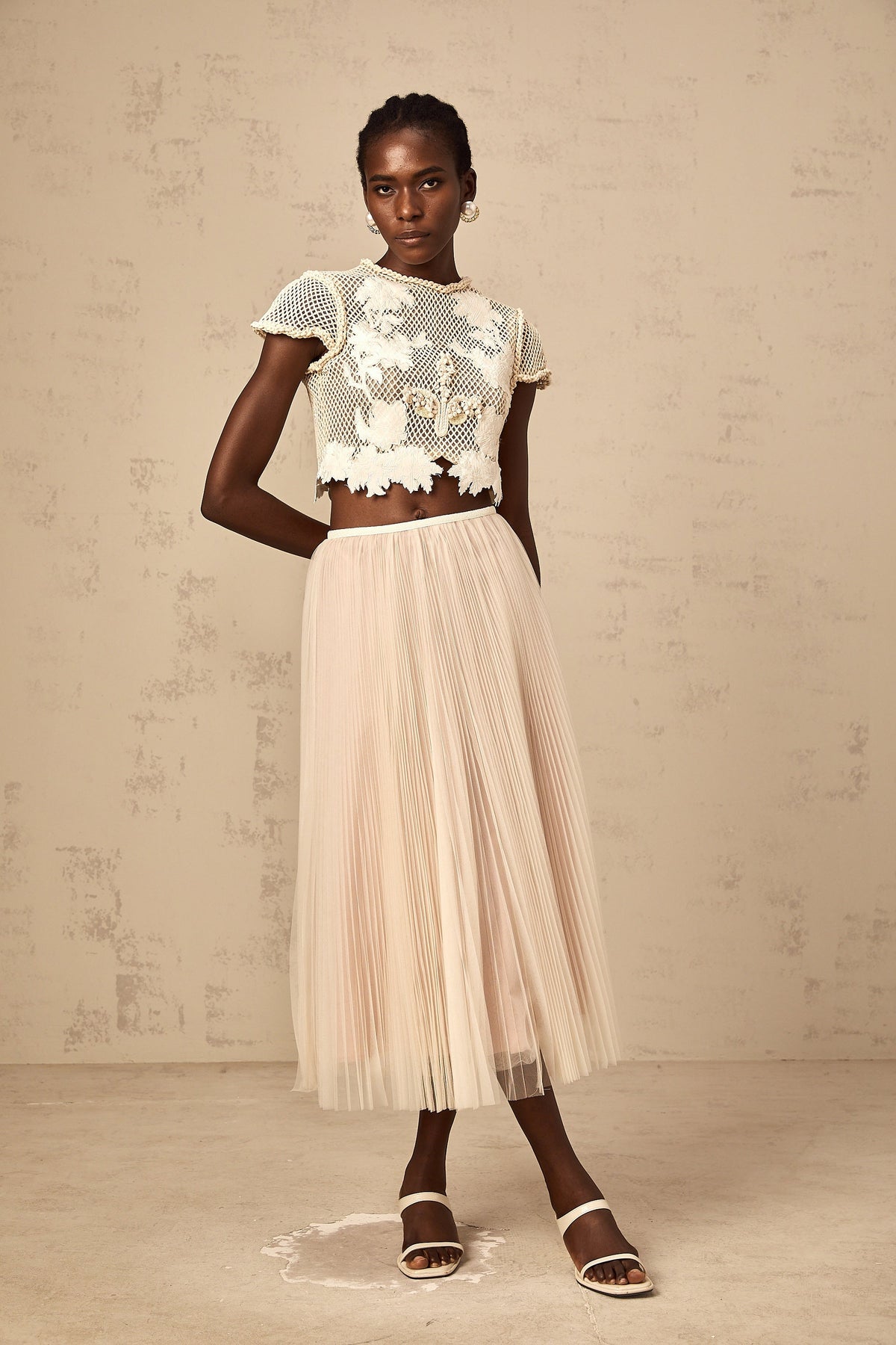 Perle neutrals floral-appliqué top & skirt matching set