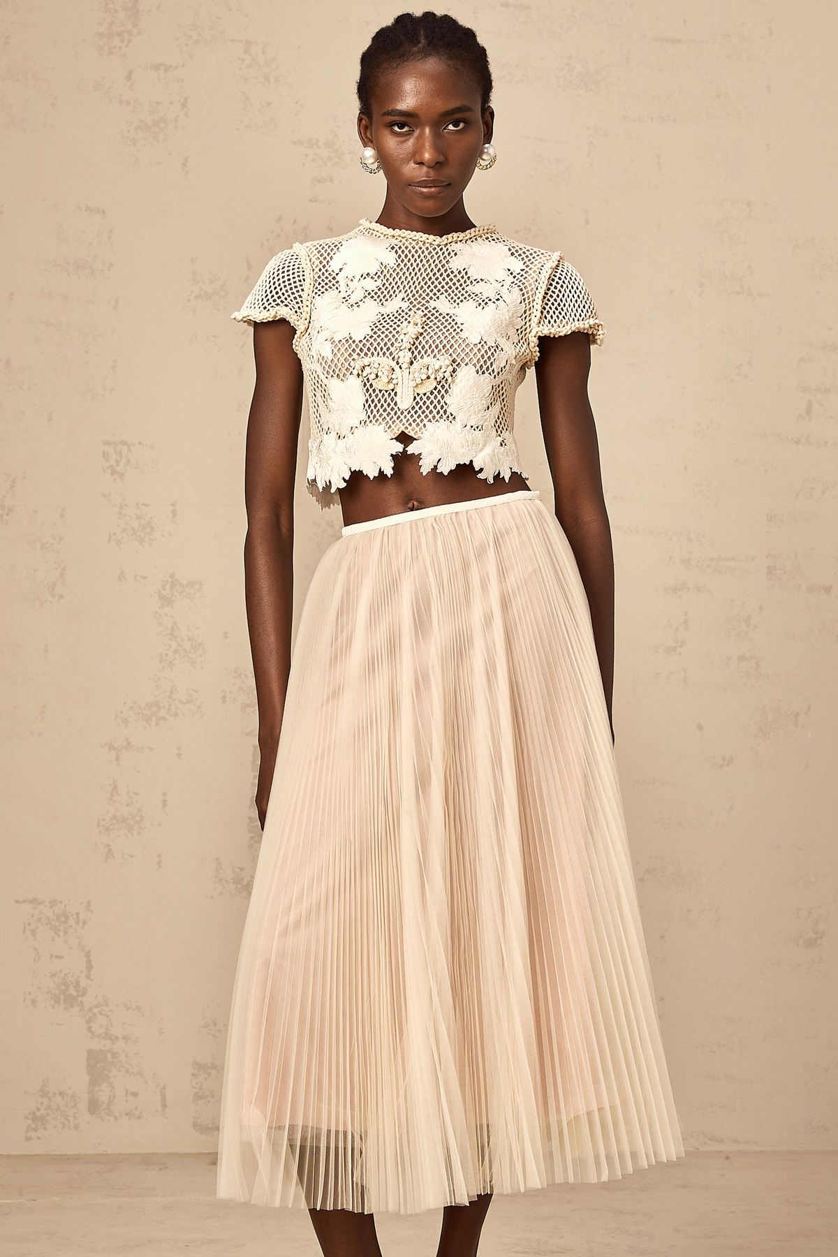 Perle neutrals floral-appliqué top & skirt matching set