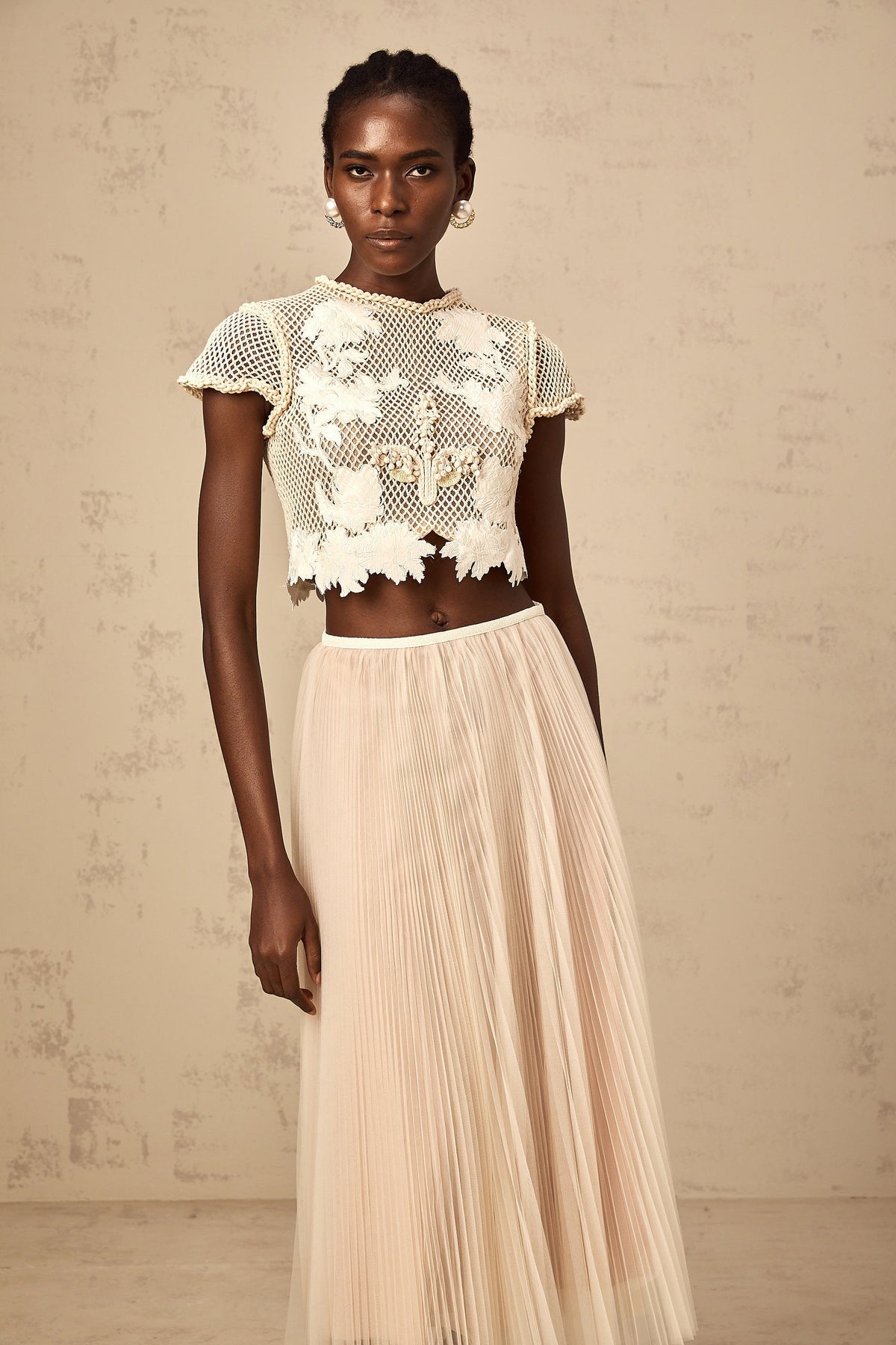 Perle neutrals floral-appliqué top & skirt matching set