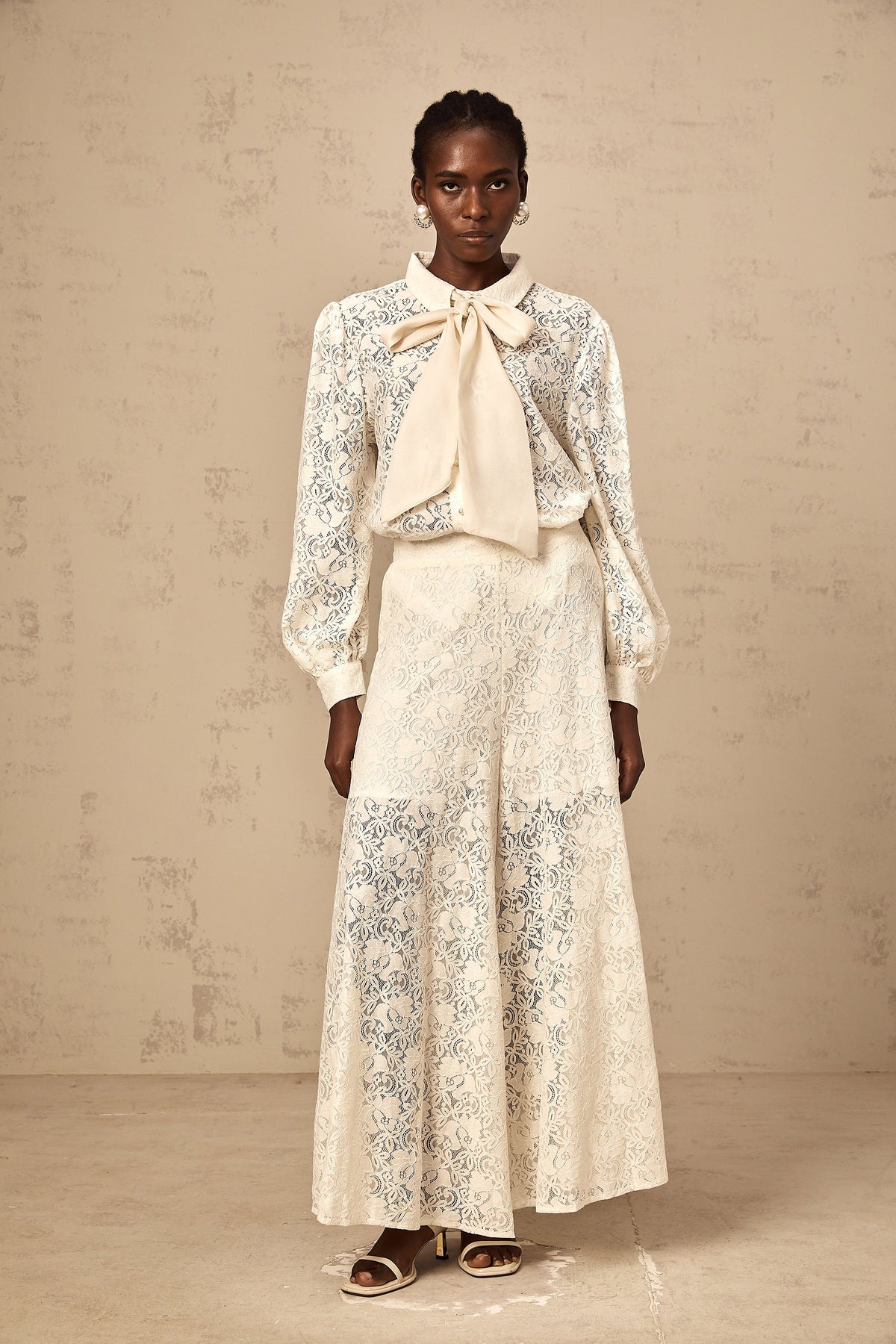 Vanessa white guipure-lace shirt & trousers matching set