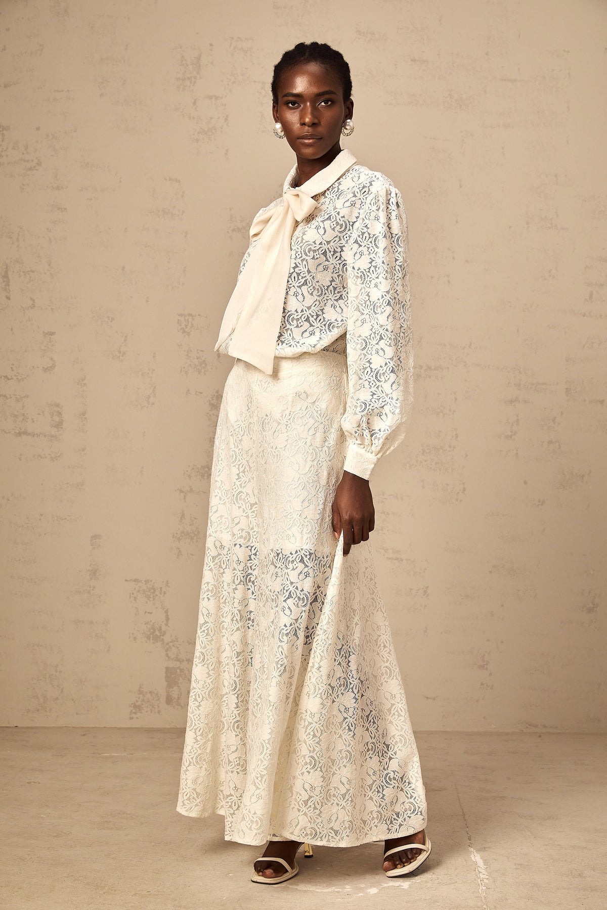 Vanessa white guipure-lace shirt & trousers matching set