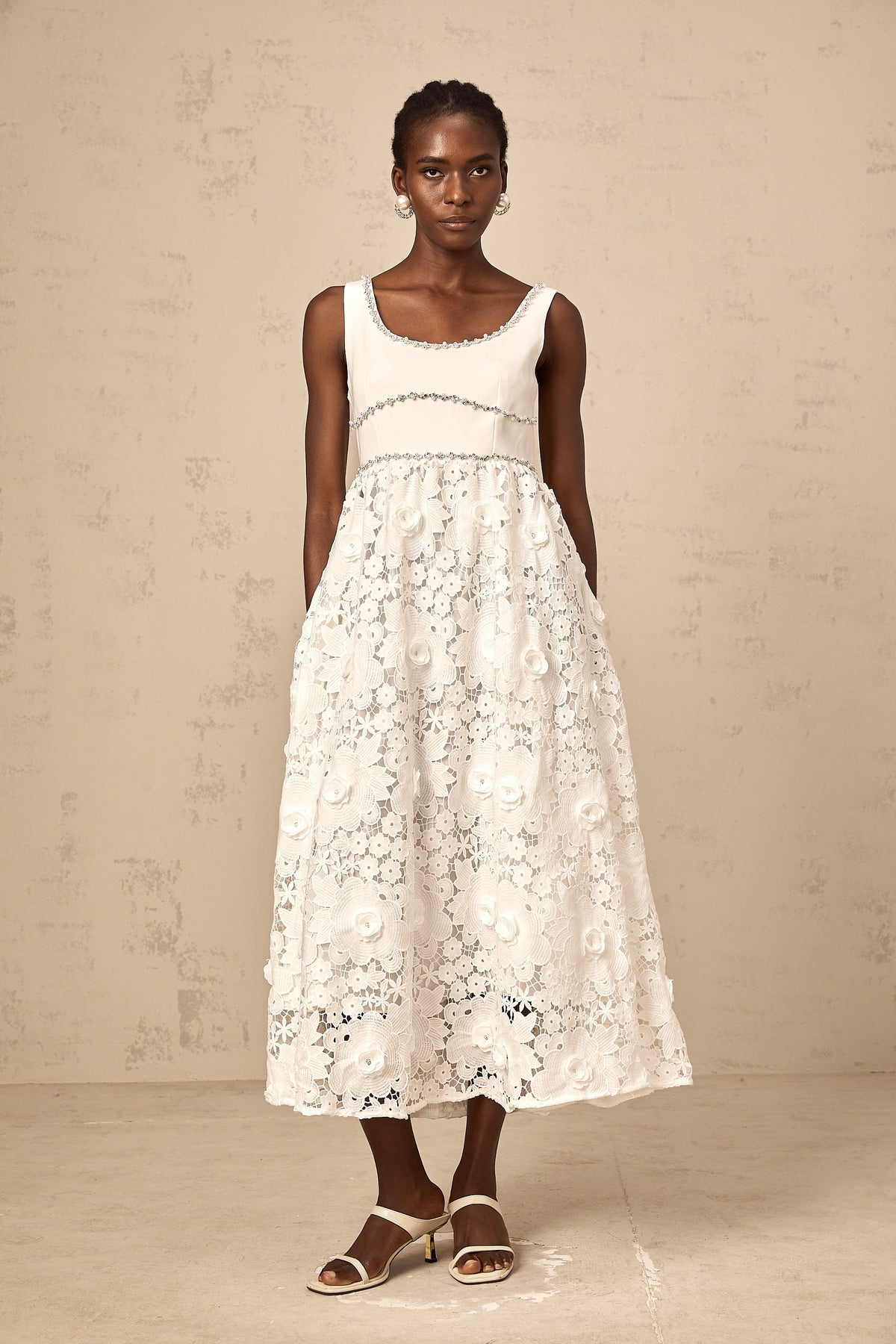 Poema white embellished lace midi dress