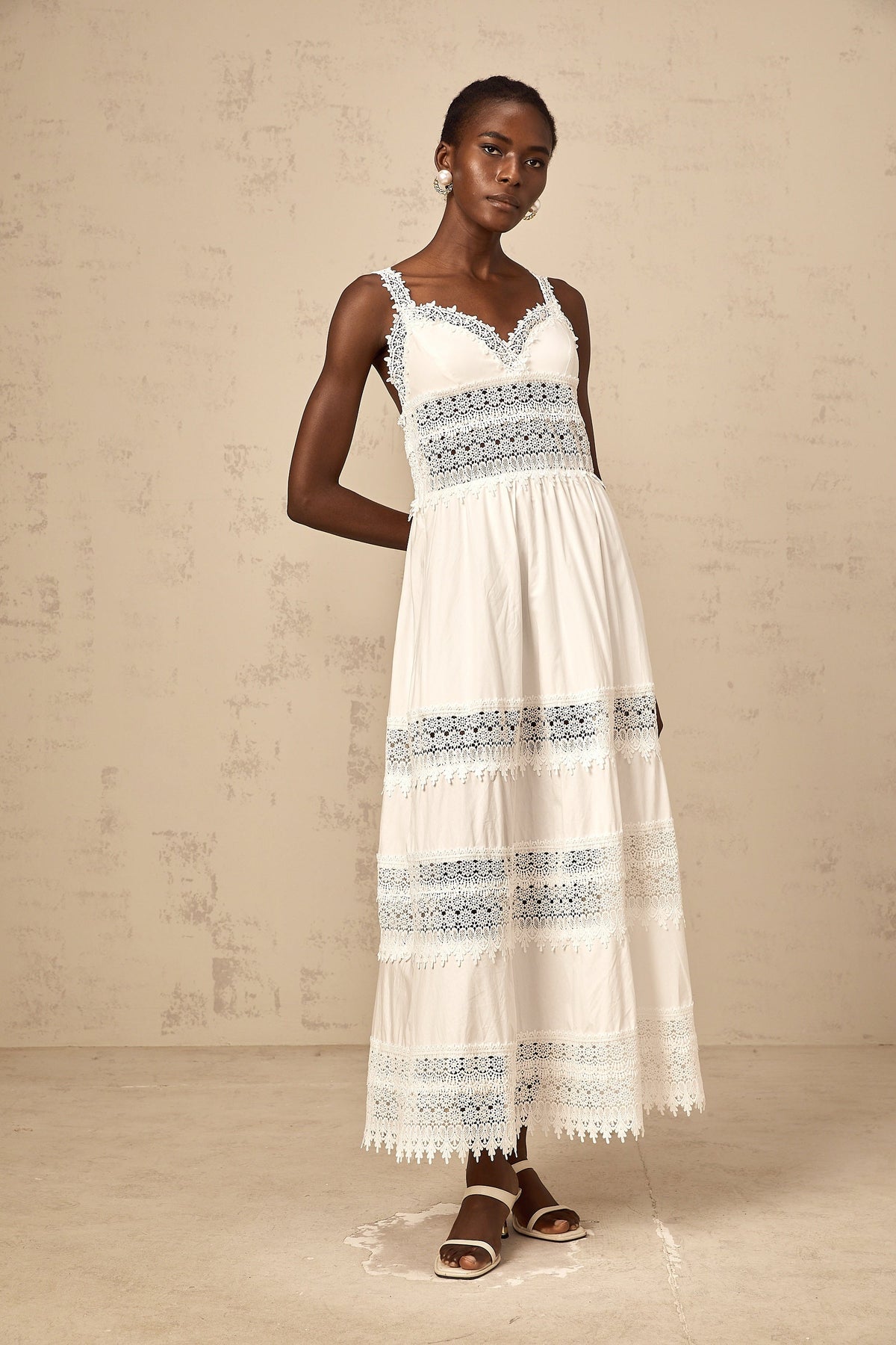 Prunelle white hollow-detail lace midi dress