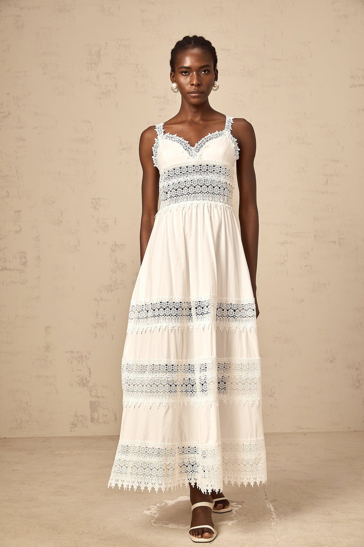 Prunelle white hollow-detail lace midi dress