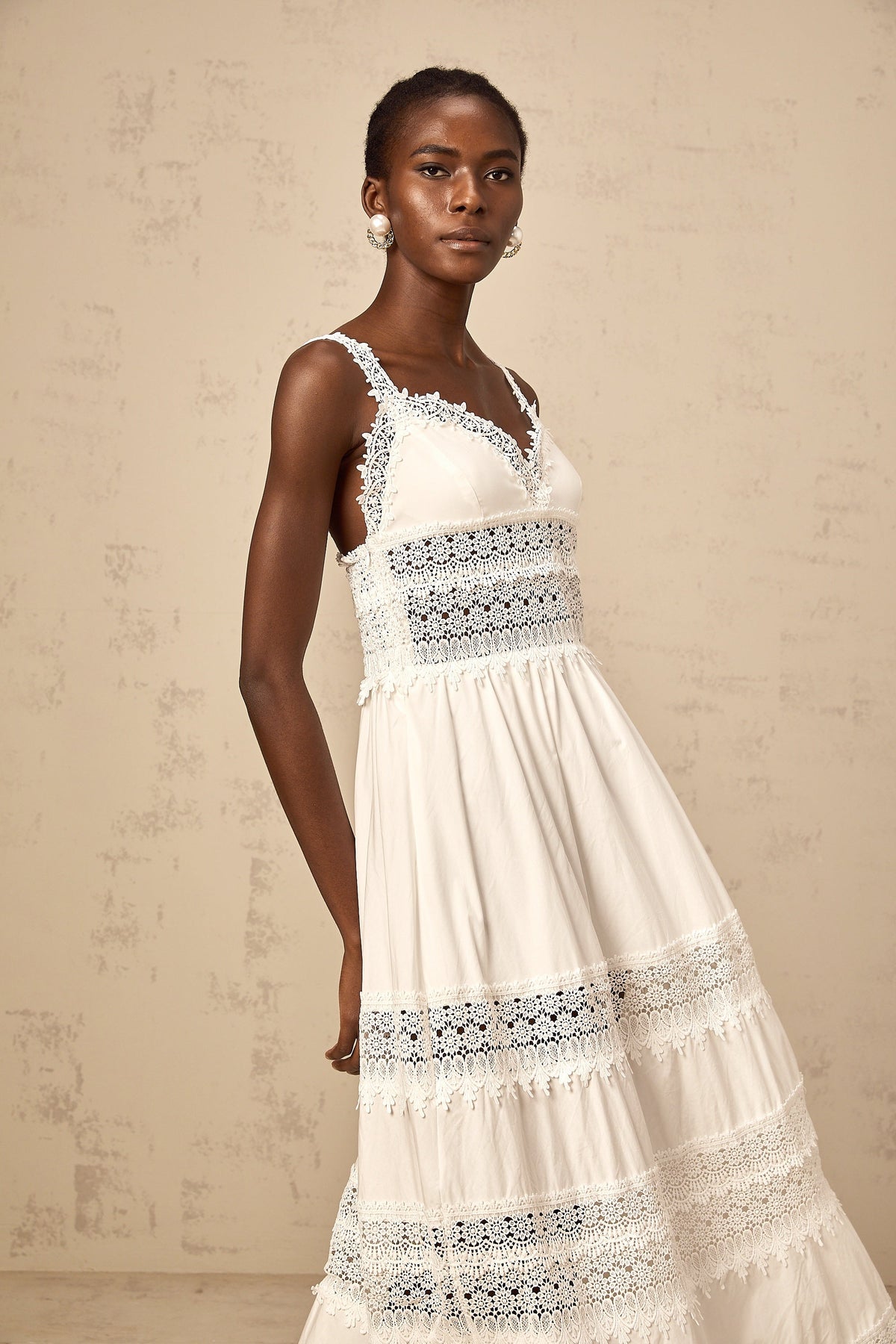 Prunelle white hollow-detail lace midi dress