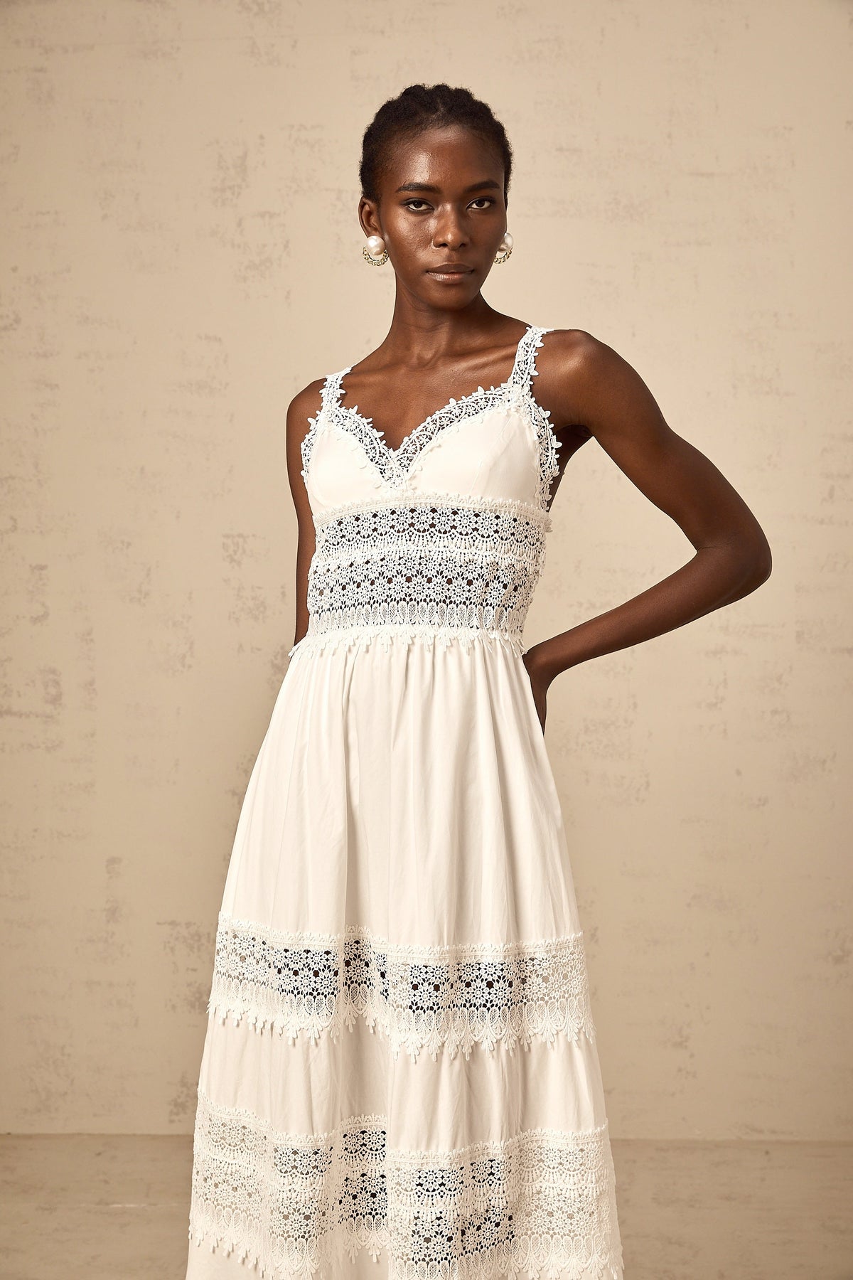Prunelle white hollow-detail lace midi dress