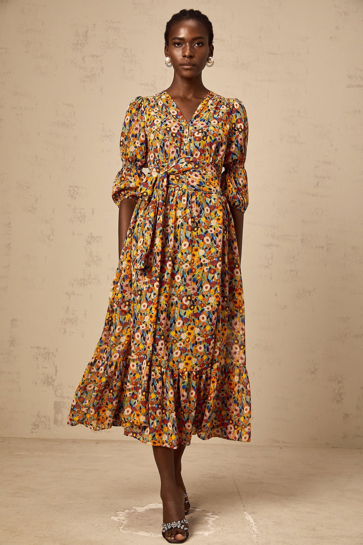 Éliane yellow V-neck floral-print midi dress