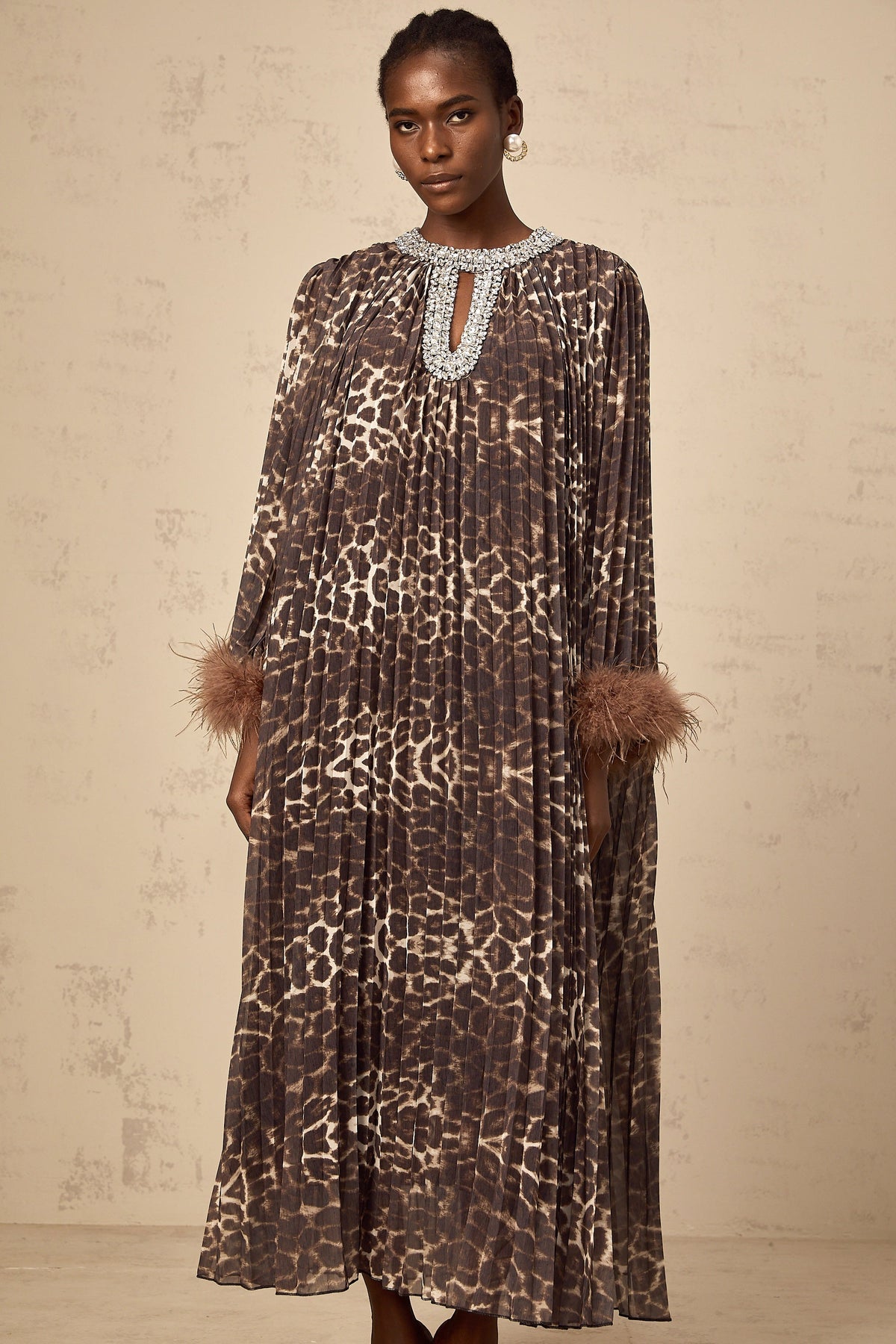 Marthe brown embellished leopard-print pleated midi dress