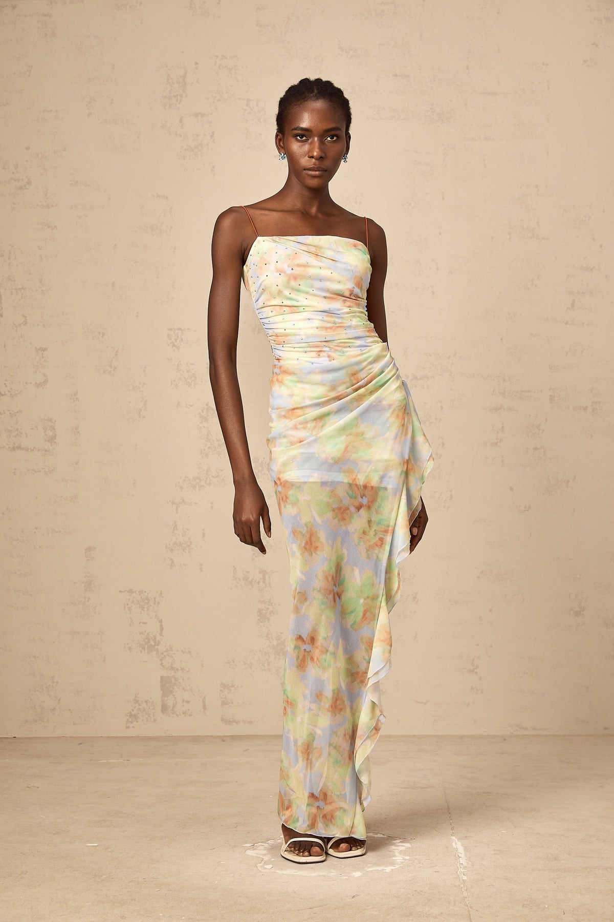 Yseult asymmetrical floral-print ruched maxi dress