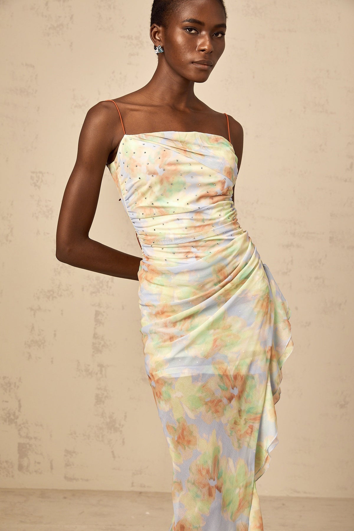 Yseult asymmetrical floral-print ruched maxi dress