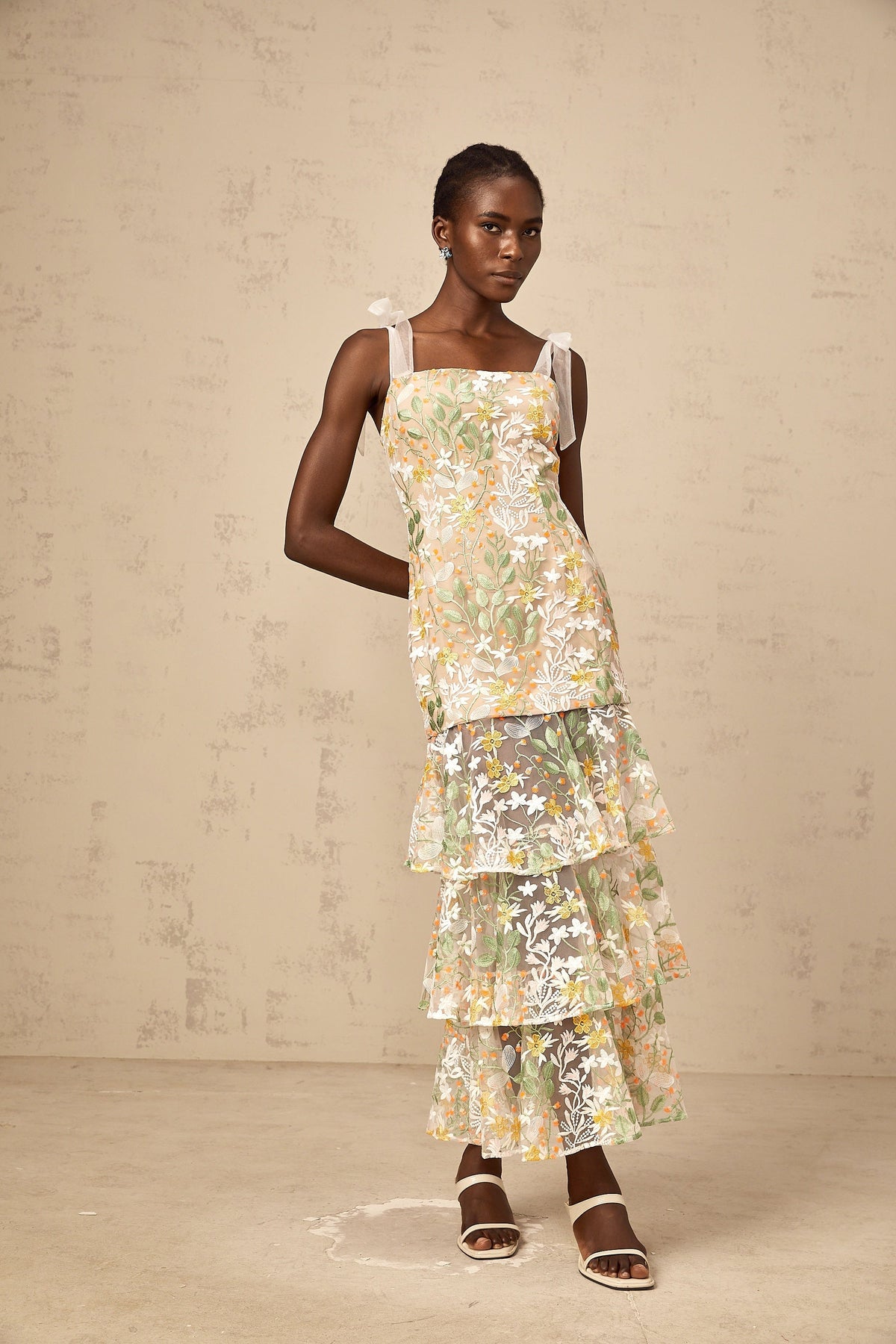 Bérénice white flower-embroidered tiered midi dress