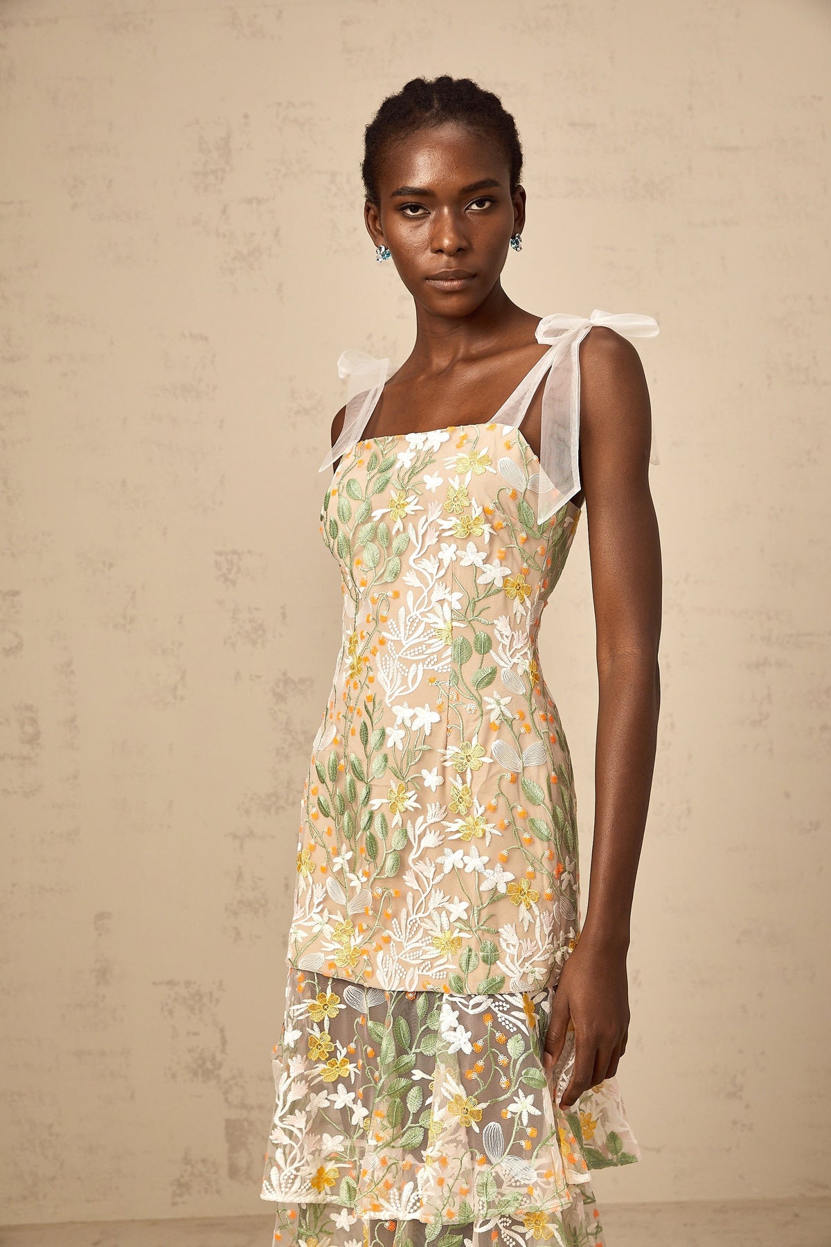 Bérénice white flower-embroidered tiered midi dress