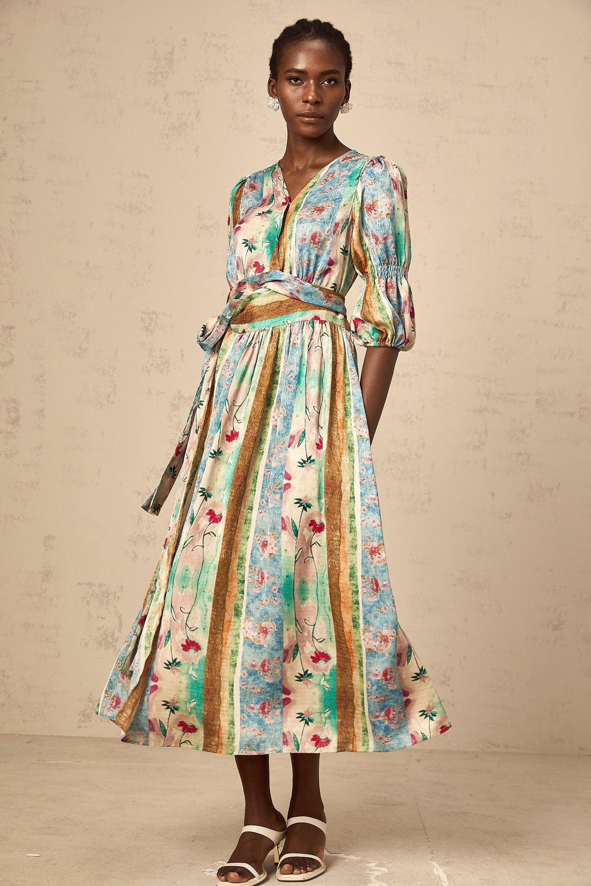 Cerise floral-print wrap midi dress