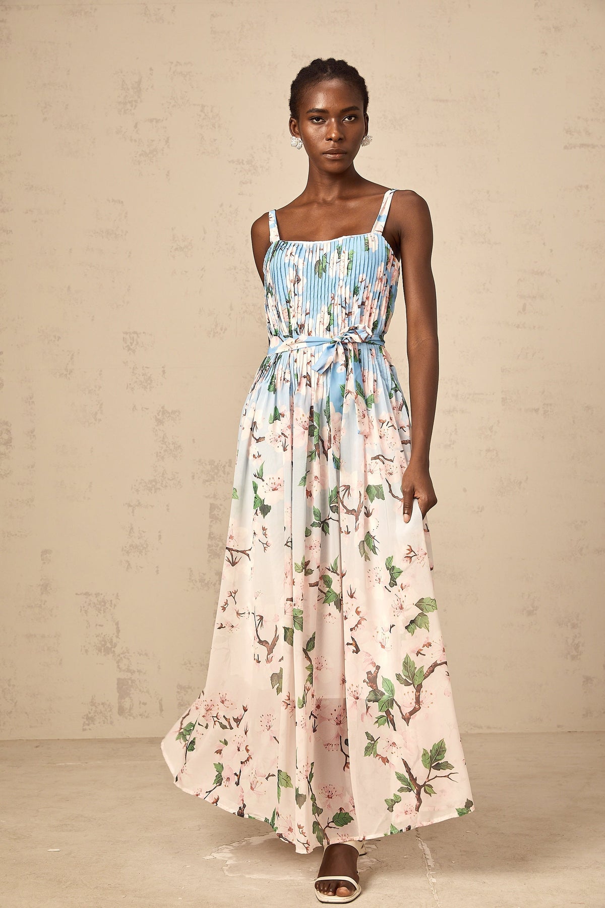 Océane blue floral-print pleated maxi dress