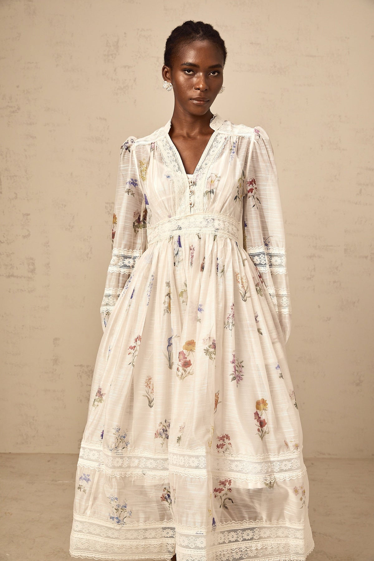Vivienne white lace-trim floral-print midi dress