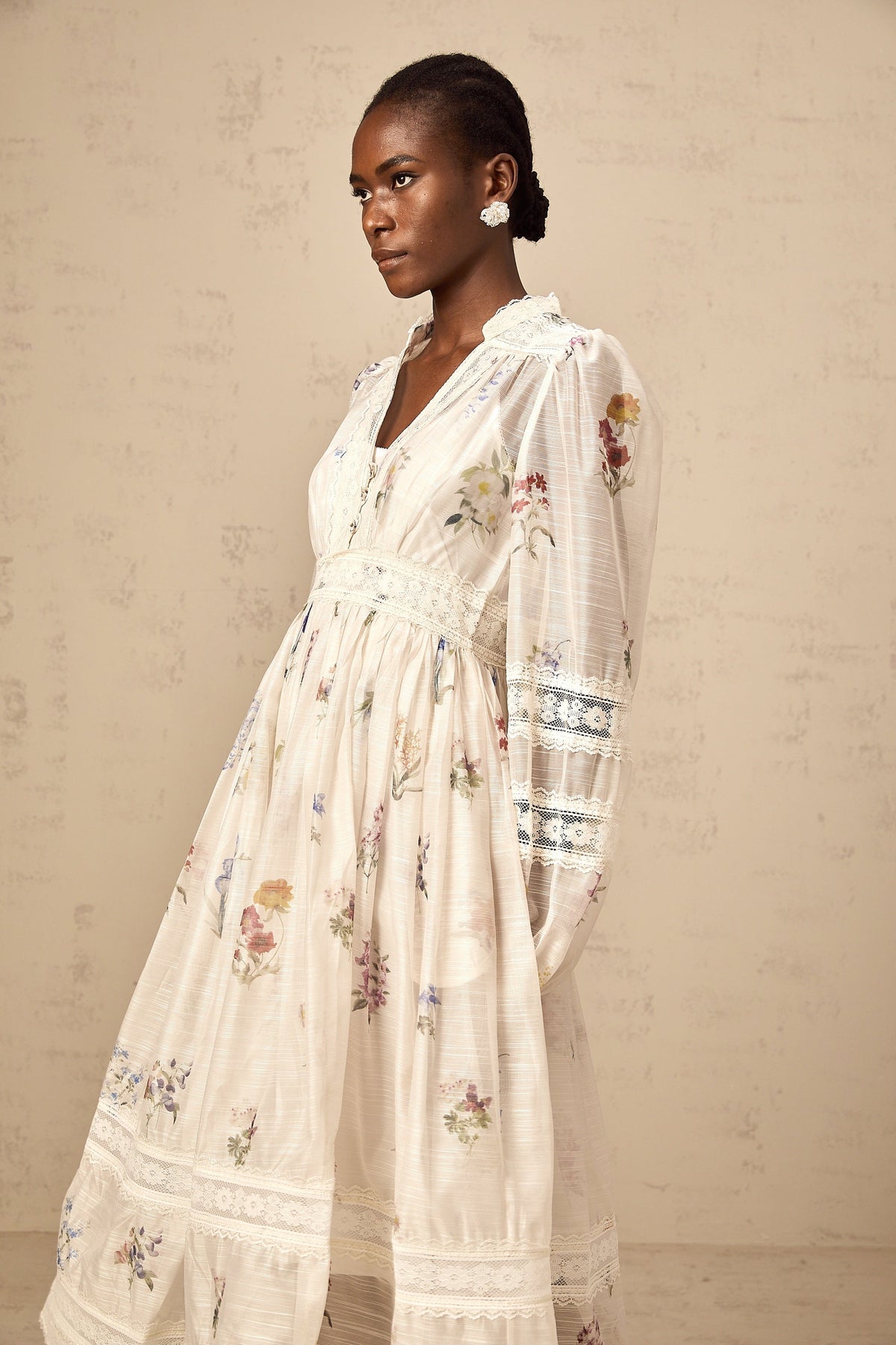 Vivienne white lace-trim floral-print midi dress