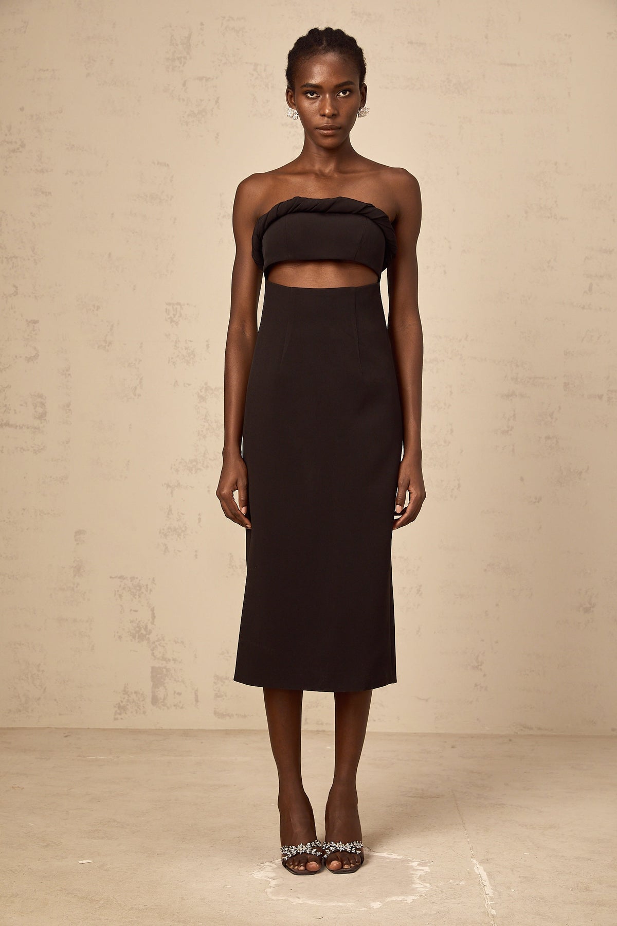 Florence black off-shoulder cut-out fitted midi dress