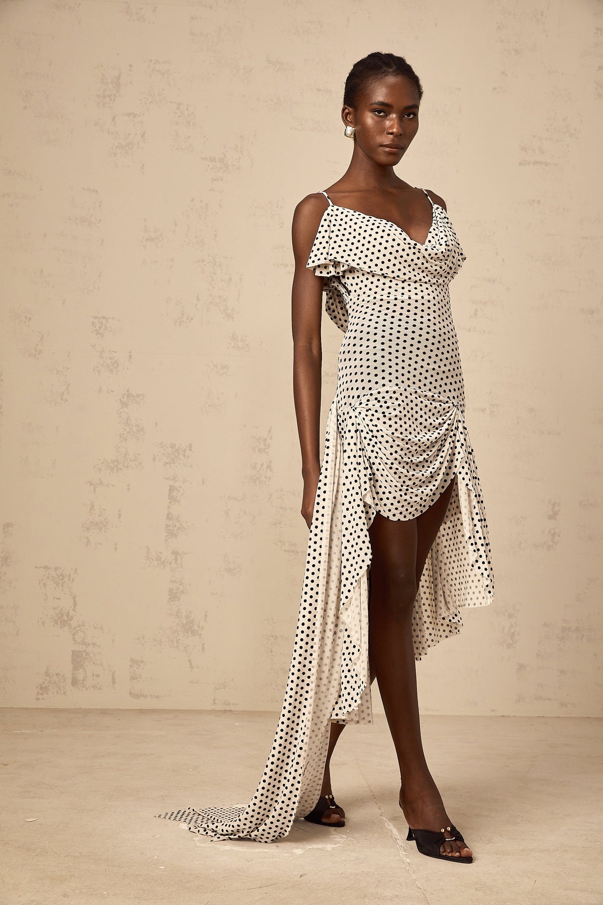 Véronica white polka-dot asymmetrical midi dress