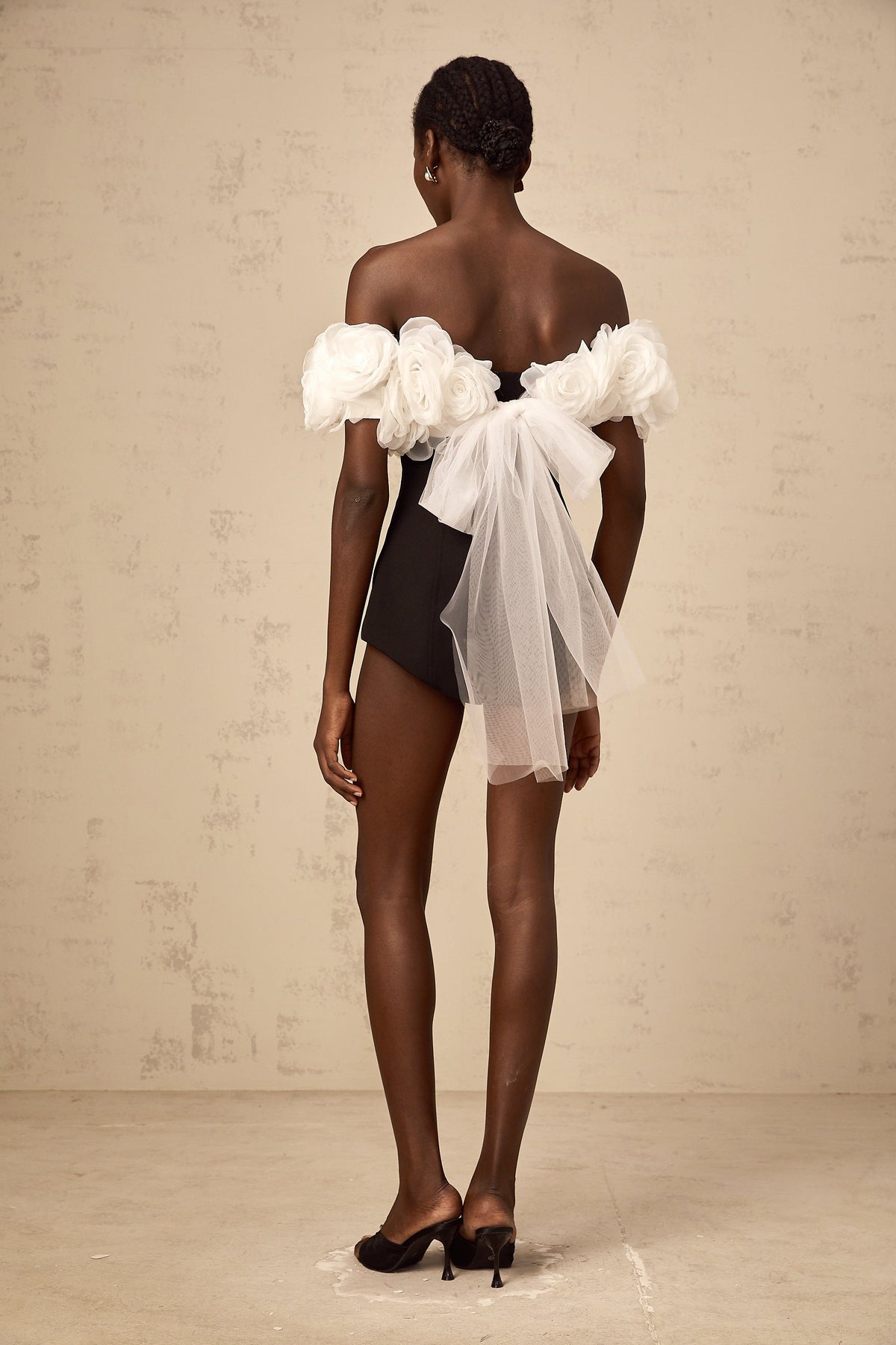 Yseut black 3d-petal off-shoulder playsuit