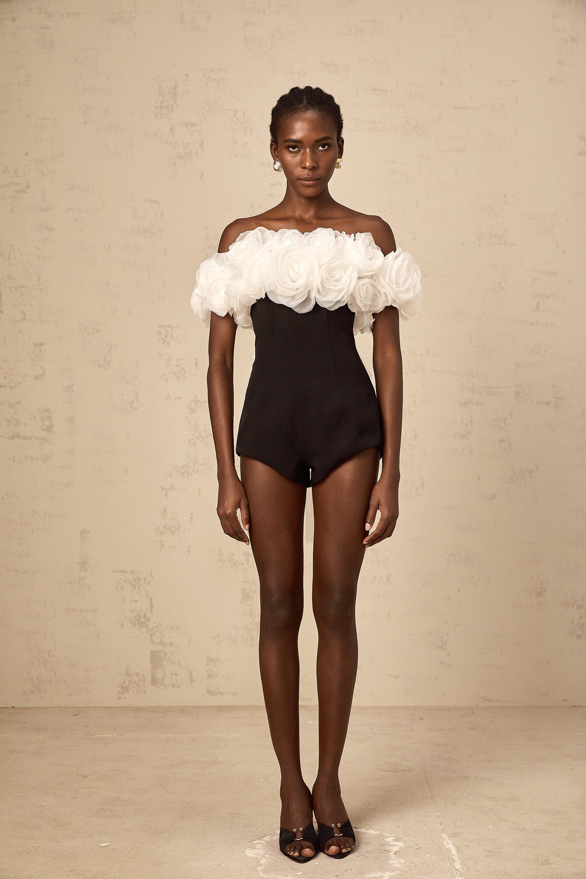Yseut black 3d-petal off-shoulder playsuit