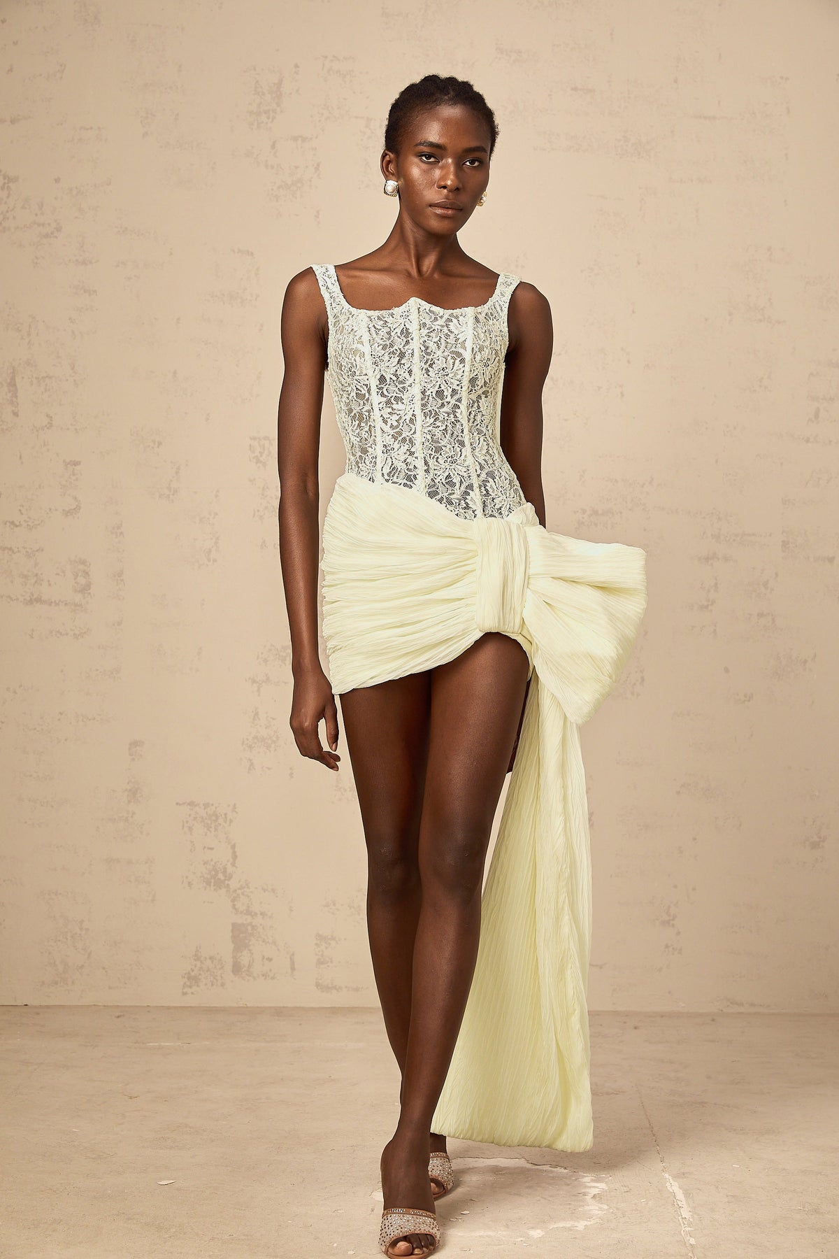 Gabrielle neutrals bowknot floral-lace-penal mini dress (Final Sale)