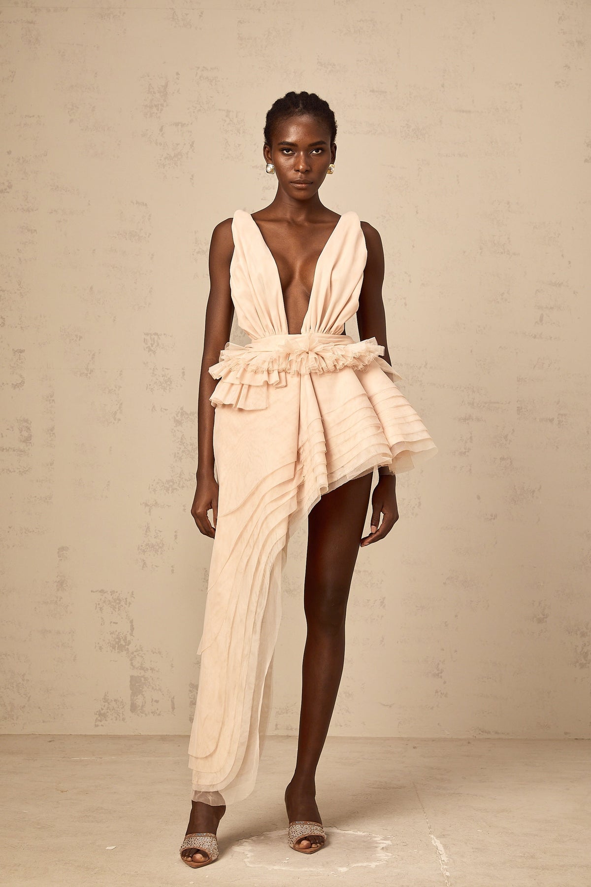 Isoline ribbon-design asymmetrical mini dress in Neutrals (Final Sale)