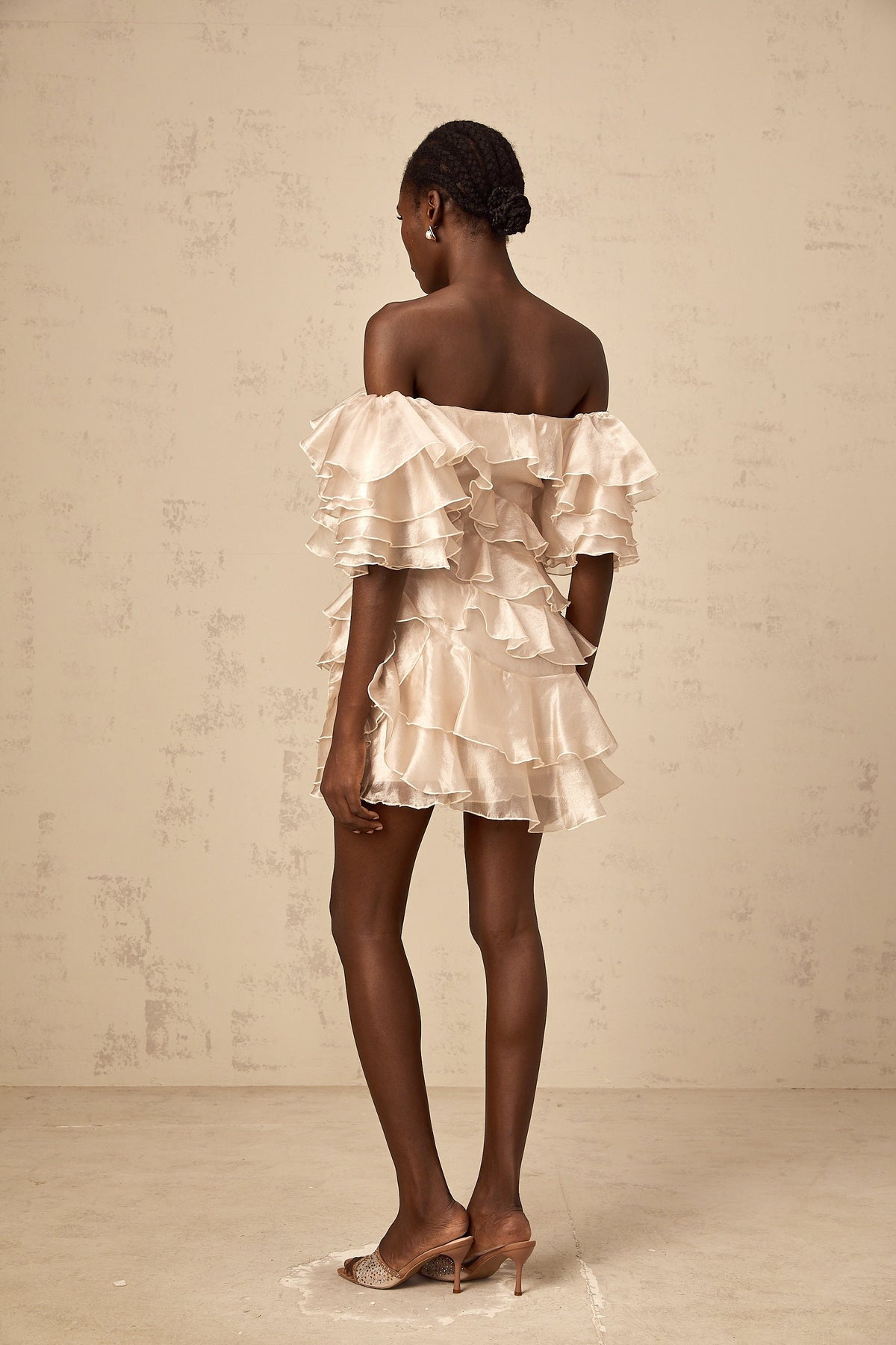 Cerise asymmetrical flounce mini dress in Neutrals (Final Sale-US Only)