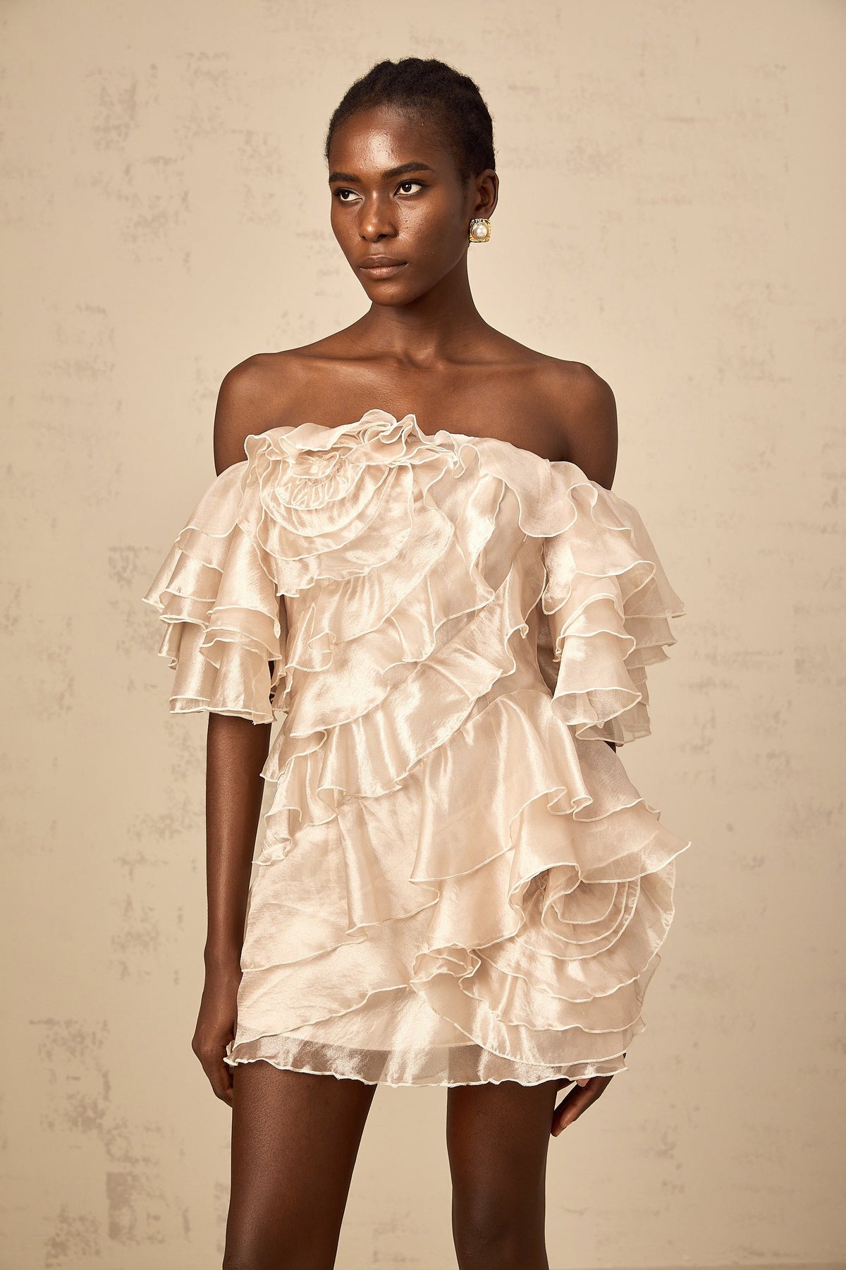 Cerise asymmetrical flounce mini dress in Neutrals (Final Sale-US Only)