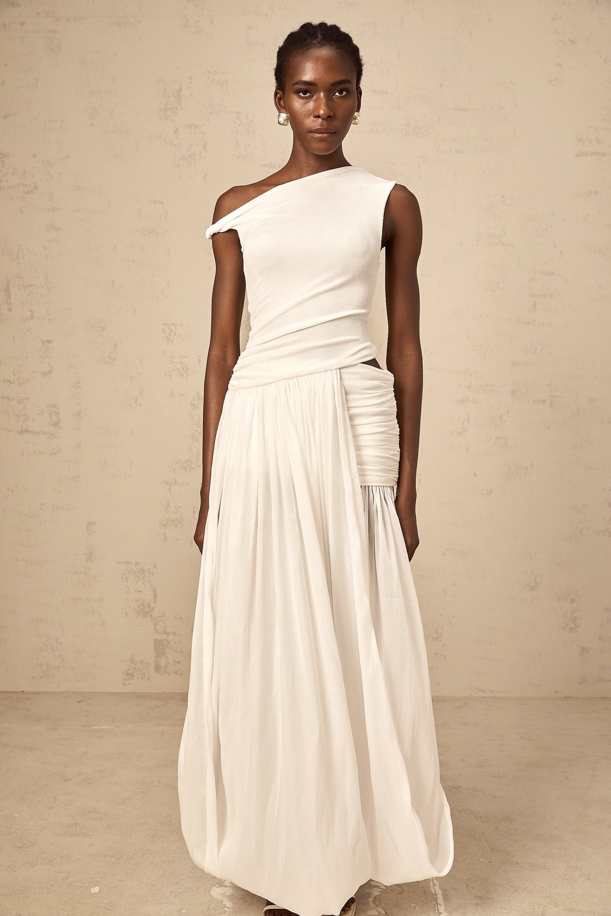 Eugenie mono-shoulder shirred-panel maxi dress in White