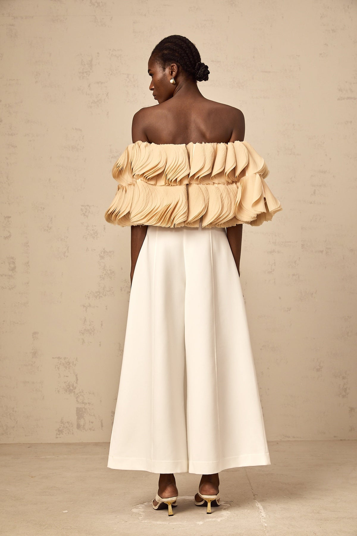 Elise neutrals off-shoulder shirred cropped top (Final Sale-US Only)
