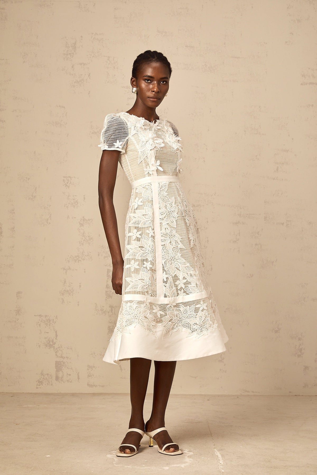 Clémence white flower-embroidered midi dress