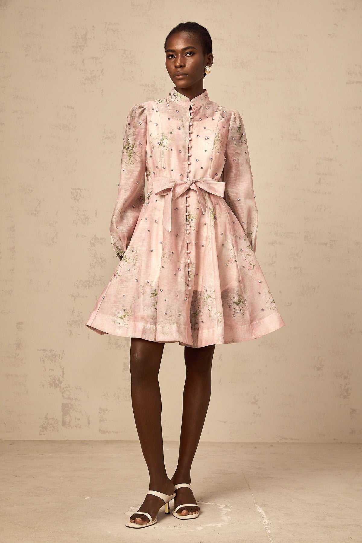 Narcisse pink embellished floral-print mini dress